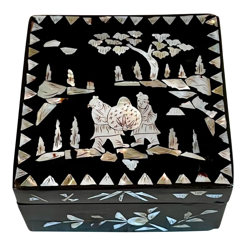 Antique Chinese Mother-of-Pearl Black Lacquer Wood Box: Chinese antique inlaid mother-of-pearl on black lacquer over wood square box, the cover depicting two figures with all over landscape mother-of-pearl decoration. Circa late 19th -early century. Dimens