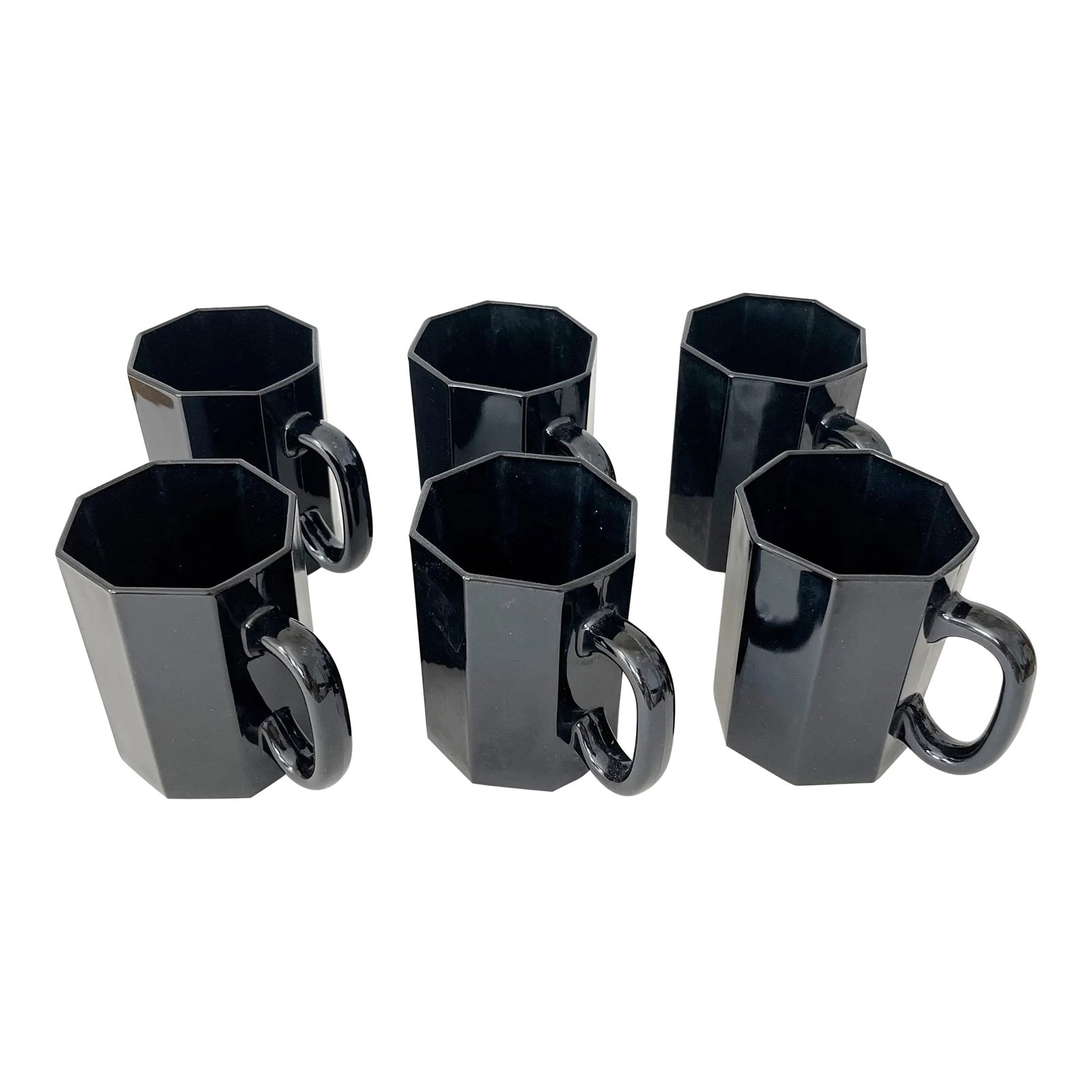 1980s Arcoroc France Postmodern Black Octime Octagon Glass Cups - Set of 6: Vintage 1980s Arcoroc France postmodern Black Octime Octagon glass cups - set of 6. Beautiful lines, excellent condition. Made in France. Dimensions: 3" diameter x 4" high Condition: Alterations: