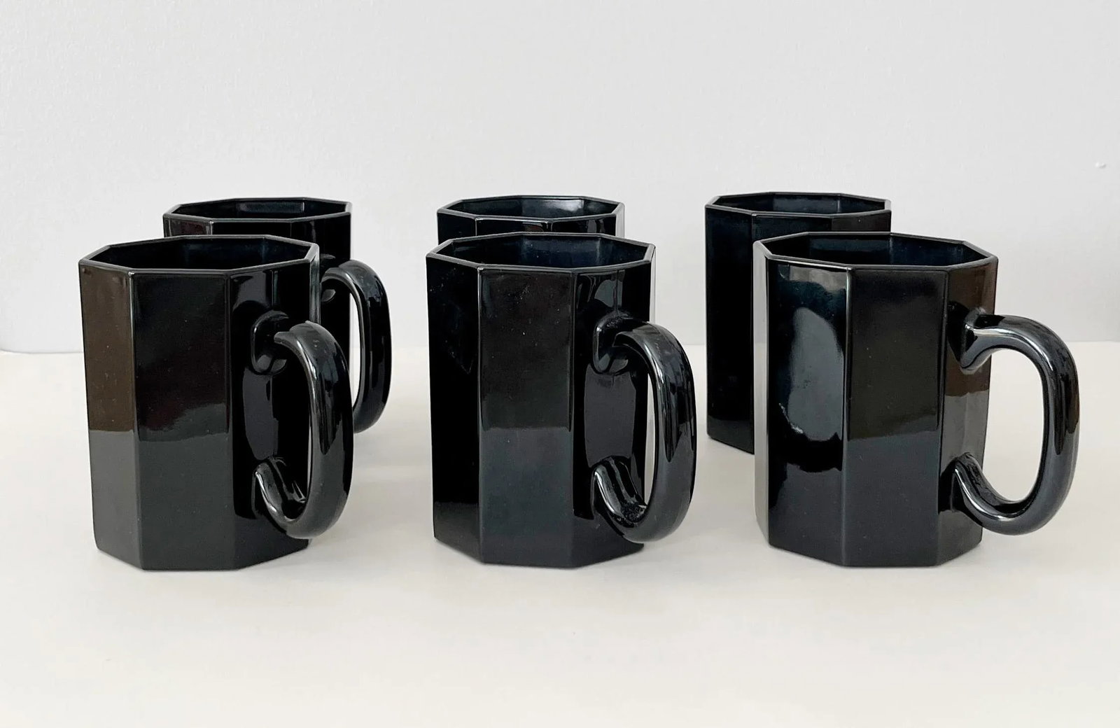 1980s Arcoroc France Postmodern Black Octime Octagon Glass Cups - Set of 6 - 2