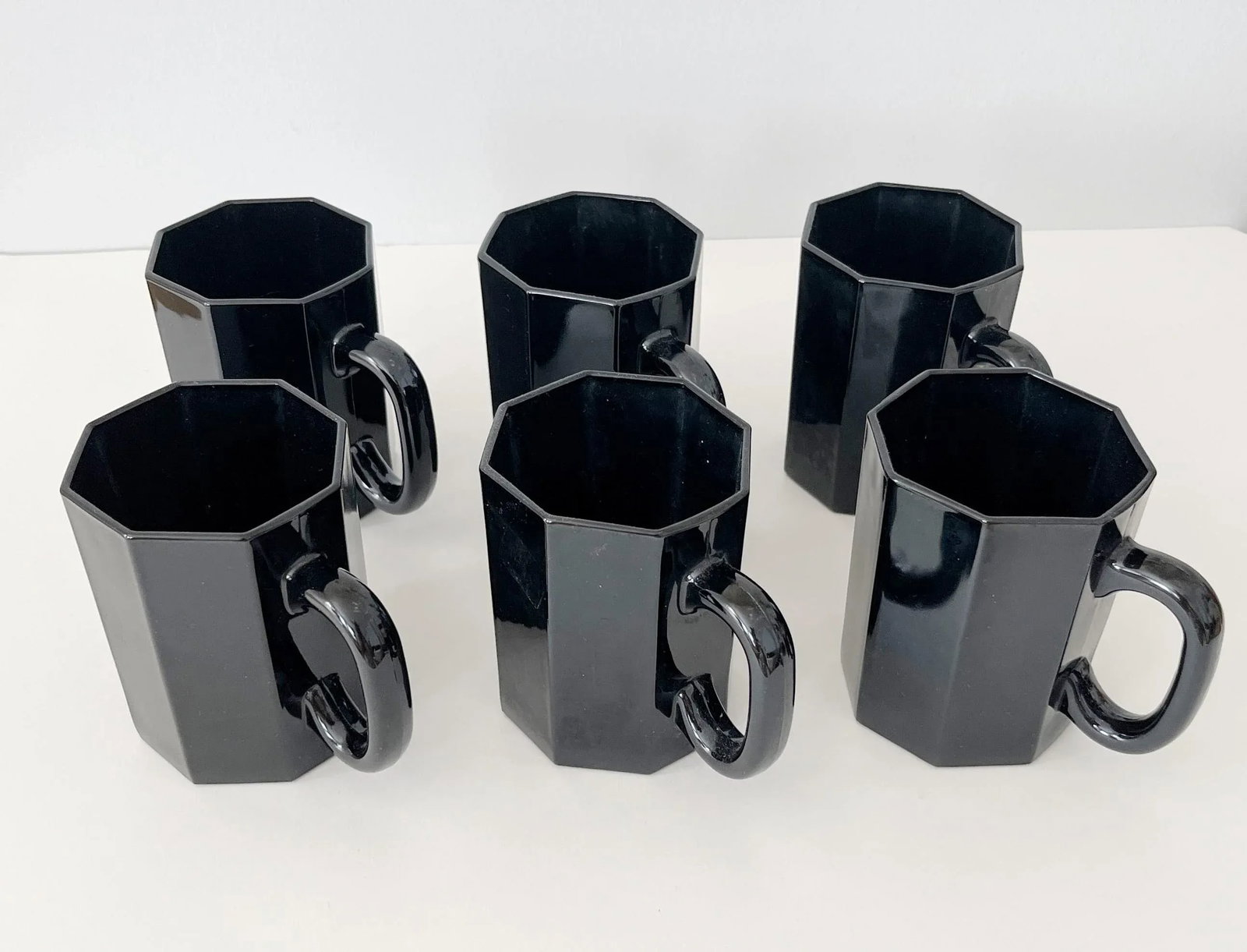 1980s Arcoroc France Postmodern Black Octime Octagon Glass Cups - Set of 6 - 5
