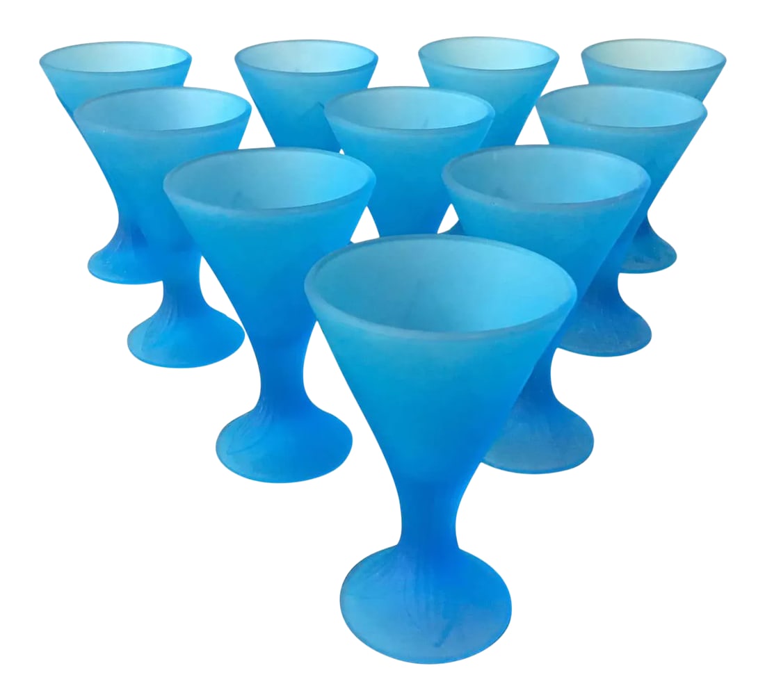 Blue Frosted 1940s Cocktail Glasses - Set of 10: 10 blue frosted 1940s cocktail glasses. From a Rye, NY estate. Condition: Alterations: Unknown Imperfections: Some Imperfections Condition Notes: Good Wear consistent with age and use Materials &