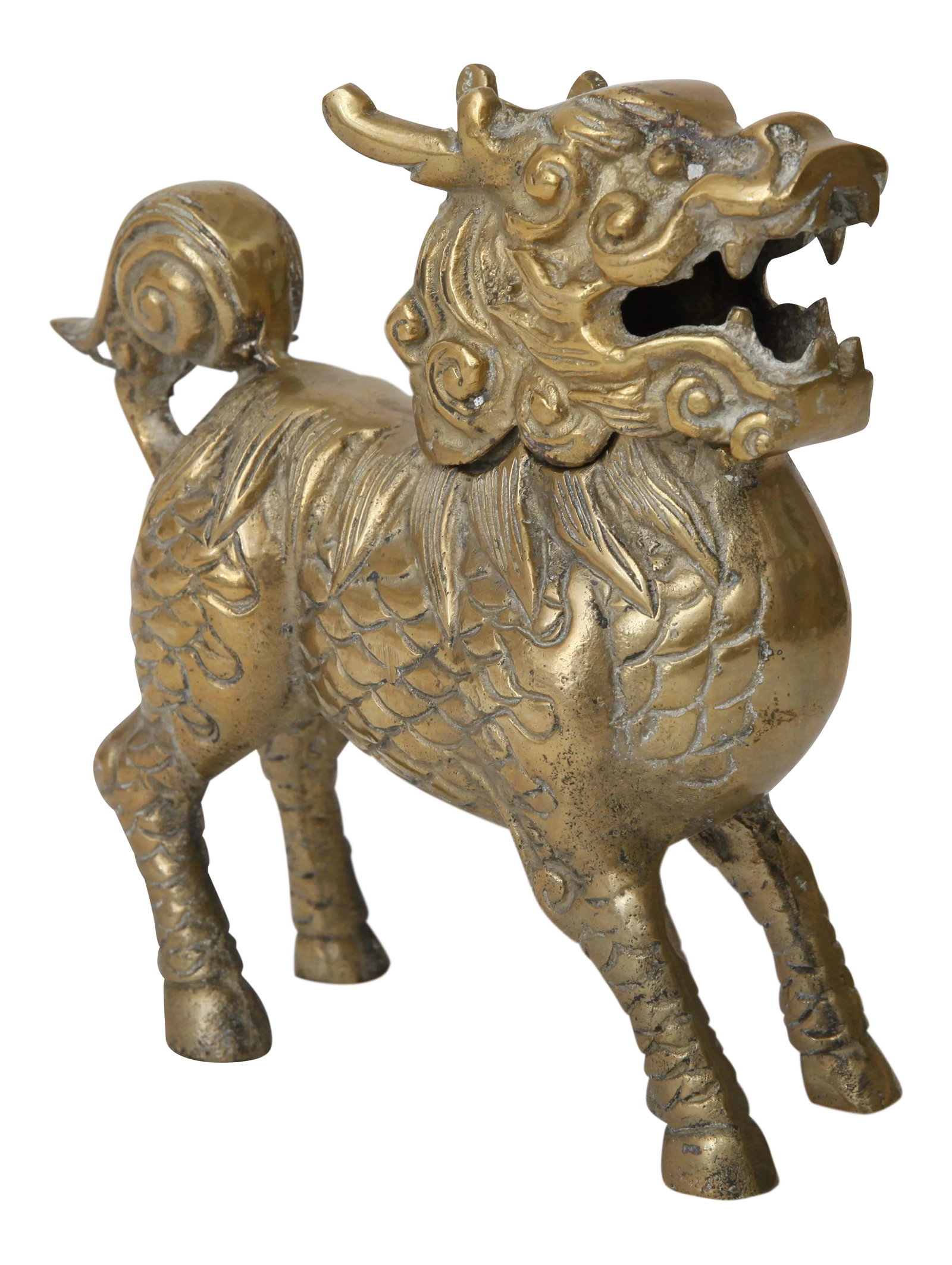 Brass Foo Dog Incense Burner: Intricately carved hollow brass foo dog with removable head. Could be used as an incense burner. Condition: Alterations: Original Condition Unaltered Imperfections: Some Imperfections Condition