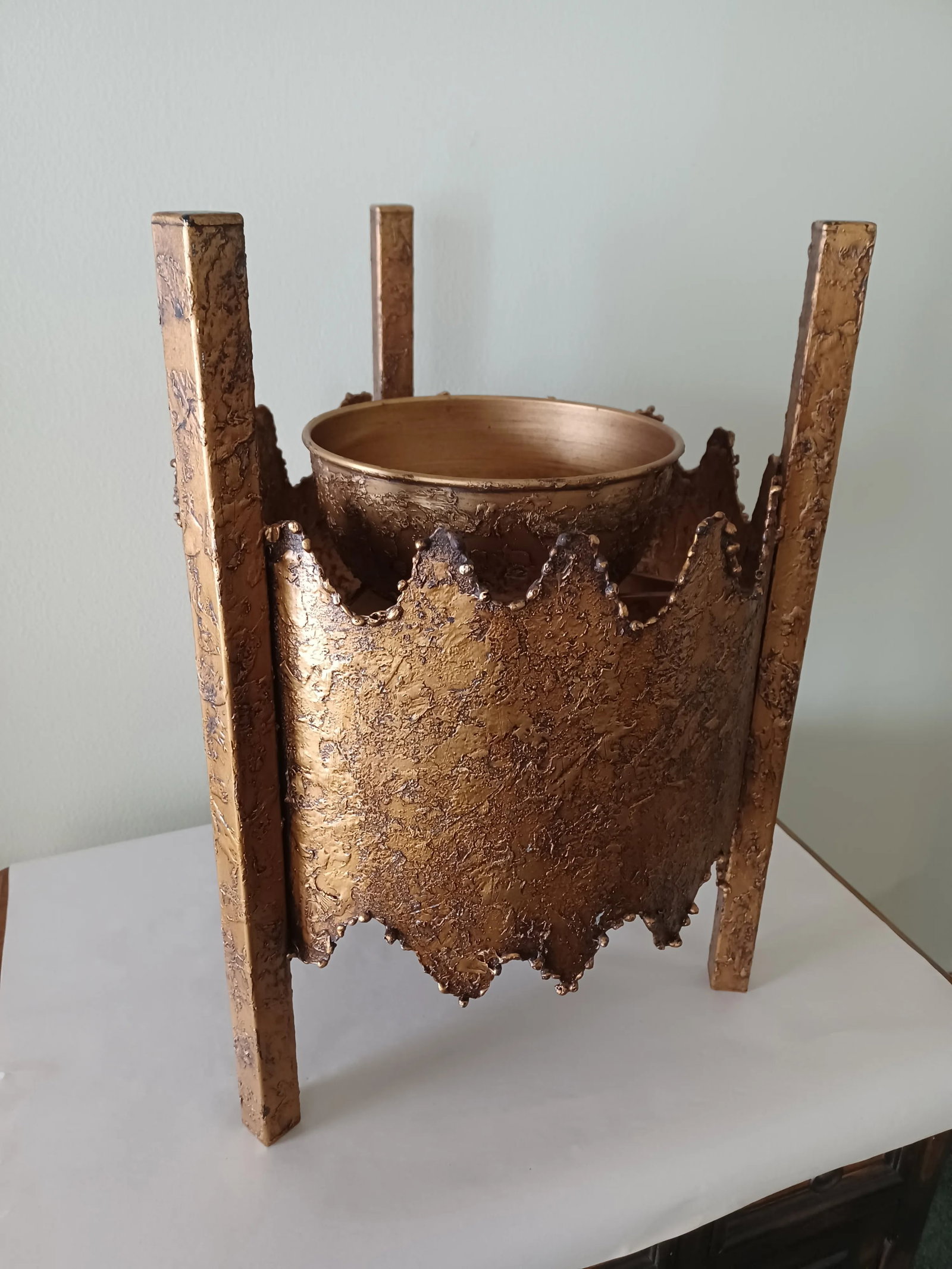 Vintage Brutalist Textured Metal Planter / Plant Stand - 10