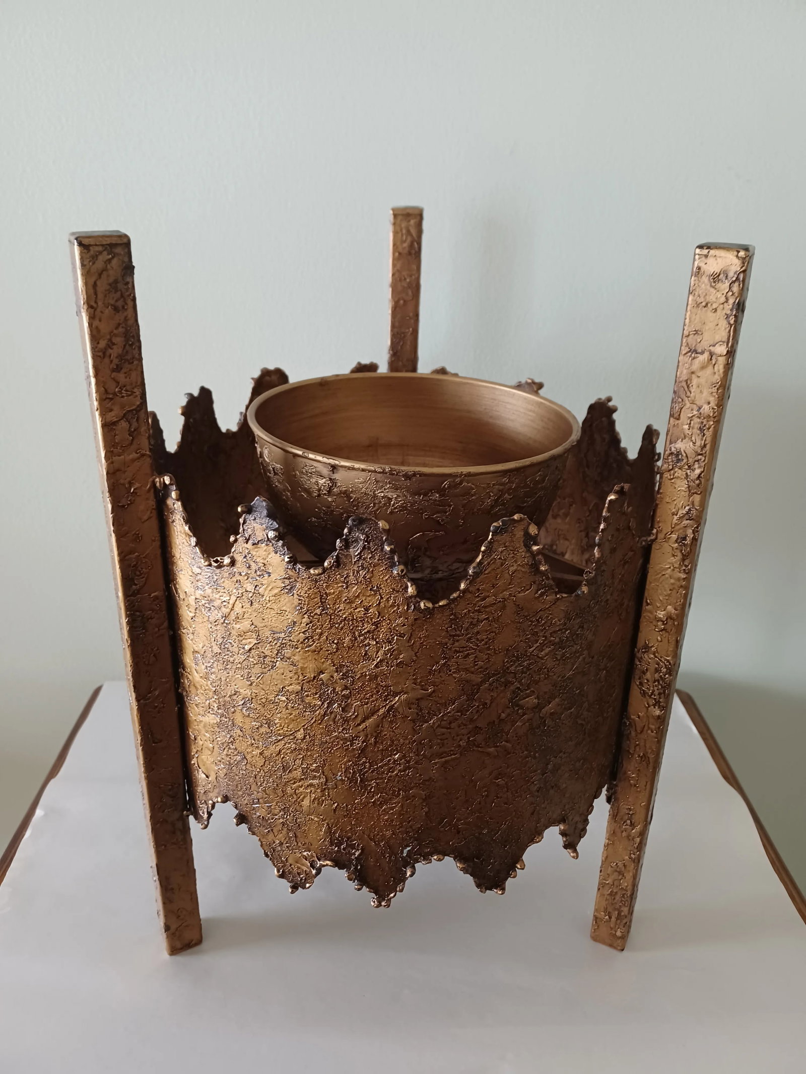 Vintage Brutalist Textured Metal Planter / Plant Stand - 12
