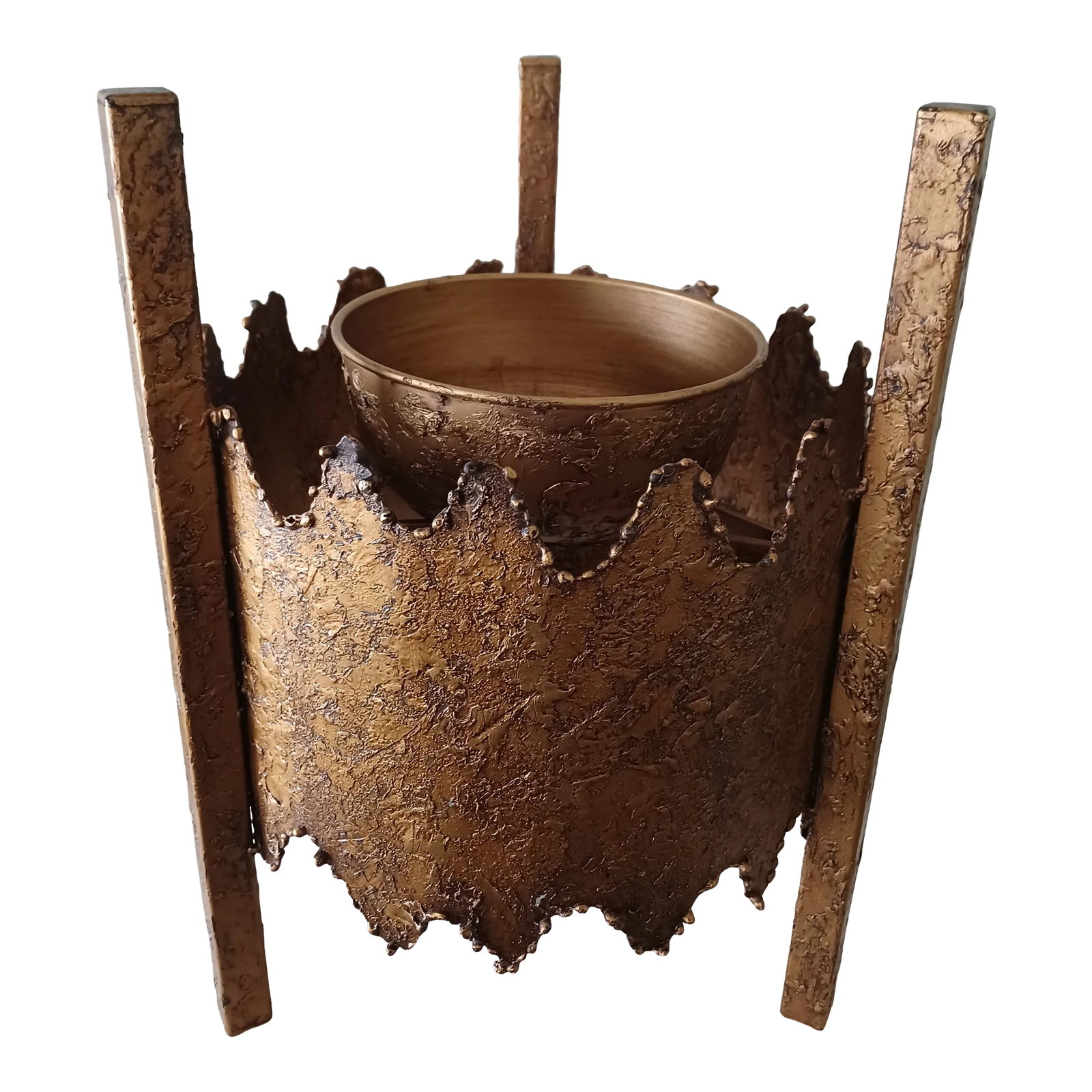 Vintage Brutalist Textured Metal Planter / Plant Stand: This amazing planter / plant stand has a volcanic like gold-brass leaf texture with what appears to be torch cut edges. I have researched hours upon hours and cannot find anything like it. It is