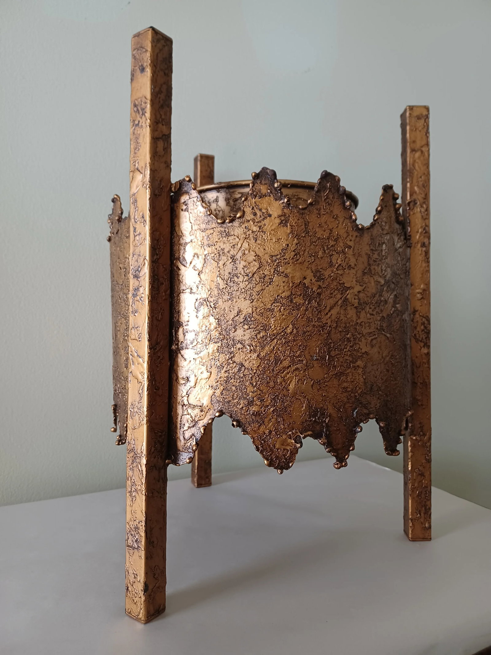 Vintage Brutalist Textured Metal Planter / Plant Stand - 3