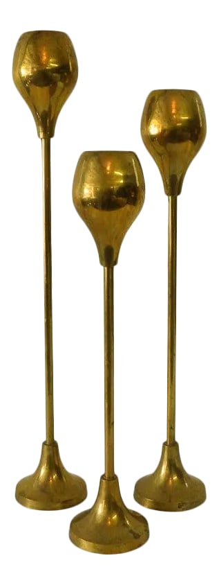 1950s Brass Candlesticks - Set of 3: Set of 3 Vintage Mid Century Modern Brass Candlesticks Fabulously, retro mod cool, brass candlesticks. 3 different sizes. Love the modern shape and the bright brass-gold color. Very nice patina or