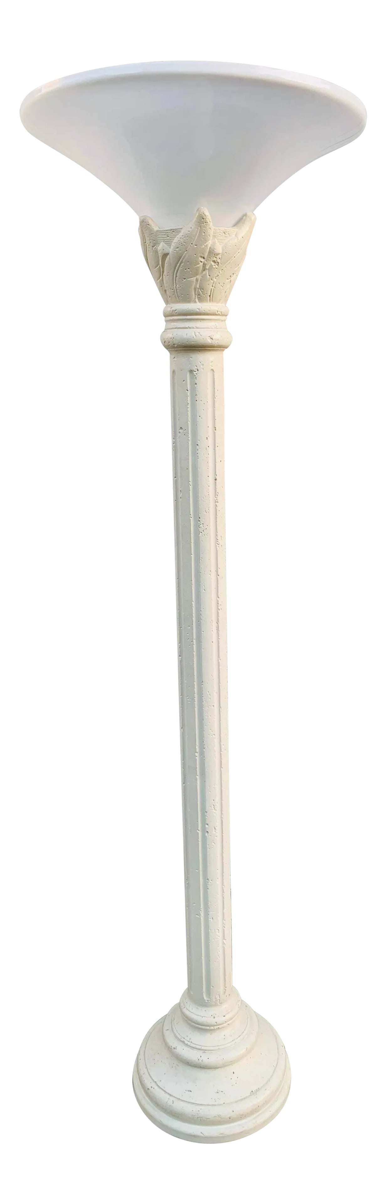 Torchiere Plaster Floor Lamp: Tall 1980's Torchiere Floor Lamp with plaster base. The shade is made of acrylic that gives out an amazing glow. The base is solid and heavy. Leas detail on top. Perfect for that postmodern design.