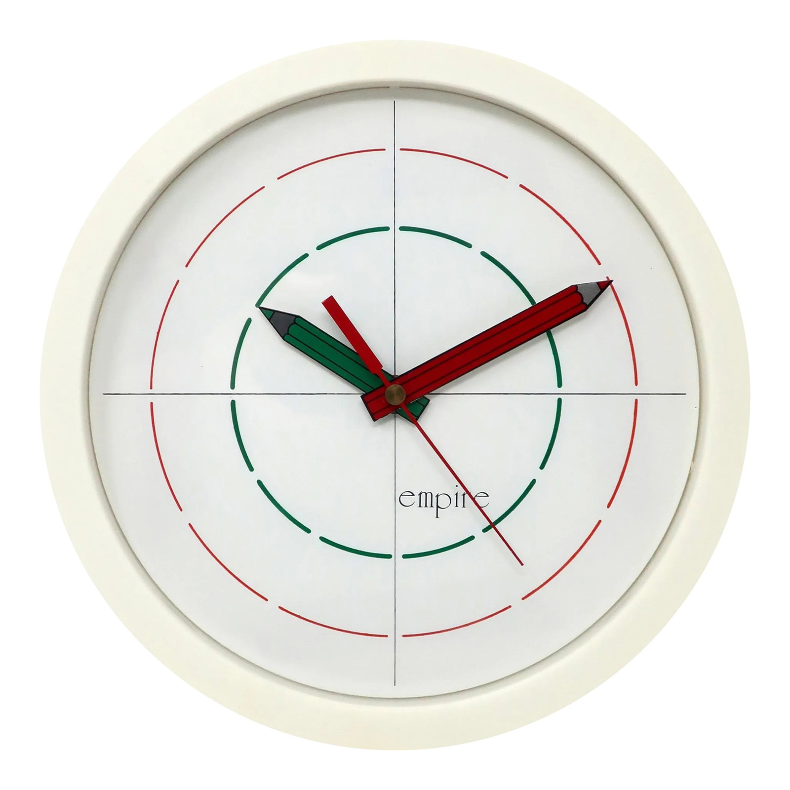 Postmodern Wall Clock by Empire: A round white 1980s wall clock by Empire. A white frame and white face with dashed red and green lines to show where the clock's numbers would appear. Hands in the shape of pencils are metal and
