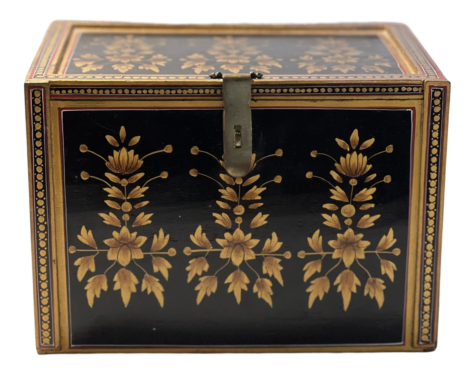 Vintage Indo-Portuguese Hand Painted Fall Front Table Cabinet: This black & gold hand painted cabinet is a rectangular form, the front opens down to reveal nine drawers but there are really only 6, the front of each drawer is decorated along with the front, back 