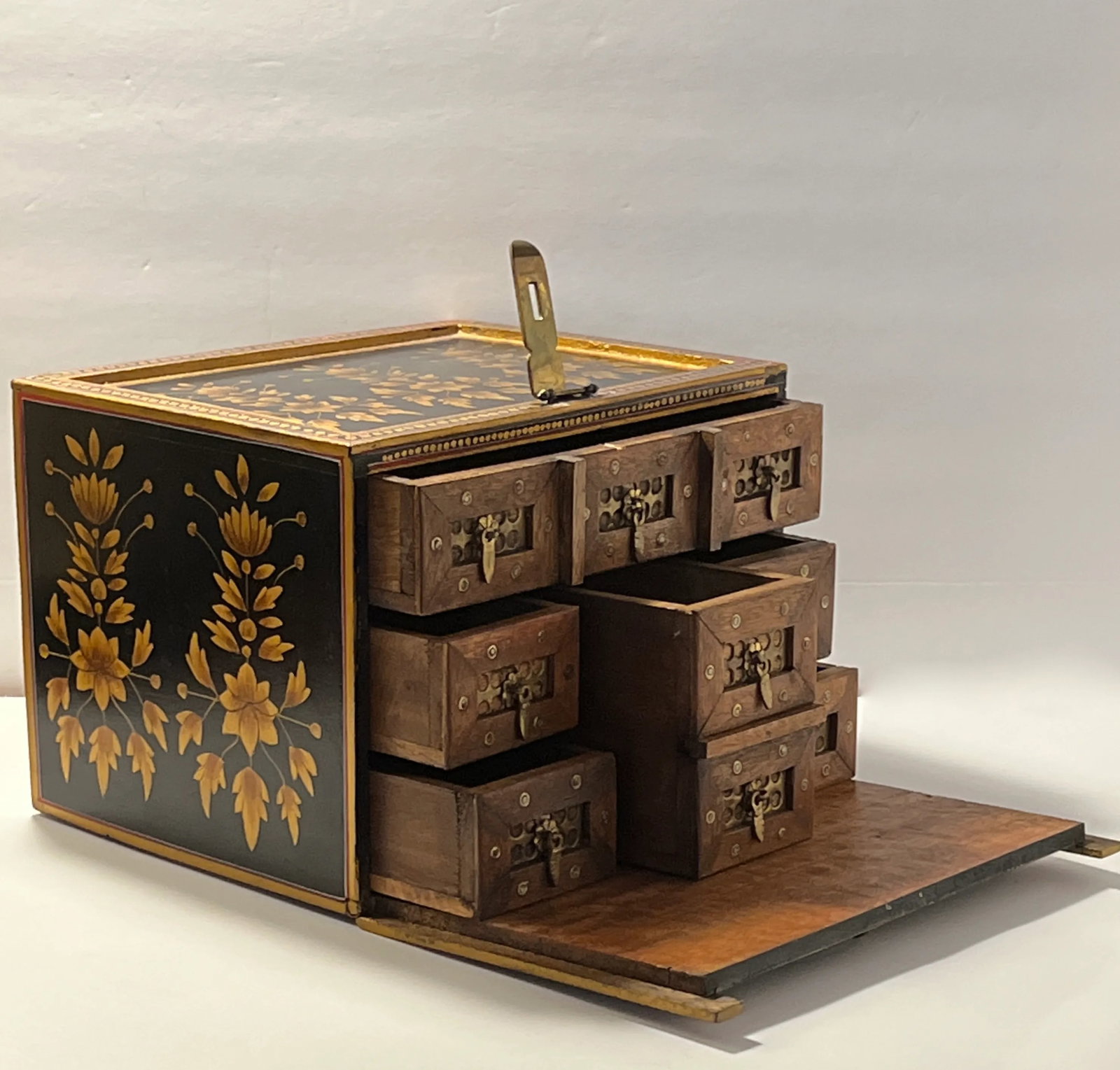 Vintage Indo-Portuguese Hand Painted Fall Front Table Cabinet - 2