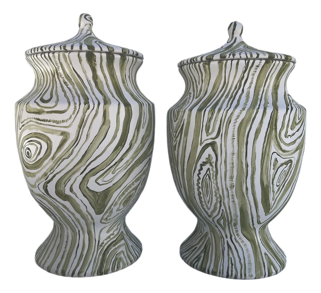 Hand Painted Faux Boix Jars a Pair: A matching pair of hand painted ceramic ginger jars with lids featuring a Four Seasons Antiques exclusive faux bois design in olive green over white. Condition: Imperfections: No Imperfections