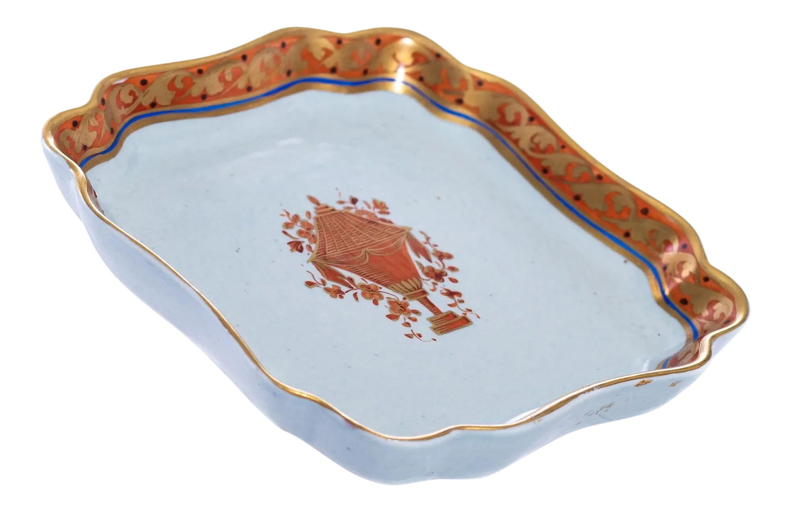 Small Mottahedeh Square Scalloped Dish: Gorgeous Mottahedeh bright white scalloped tray/dish with gold, blue and orange classic Lowestoft pattern. Perfect for olives, jewelry, keys, or cooking spoon. So chic! Condition: Alterations: Origina