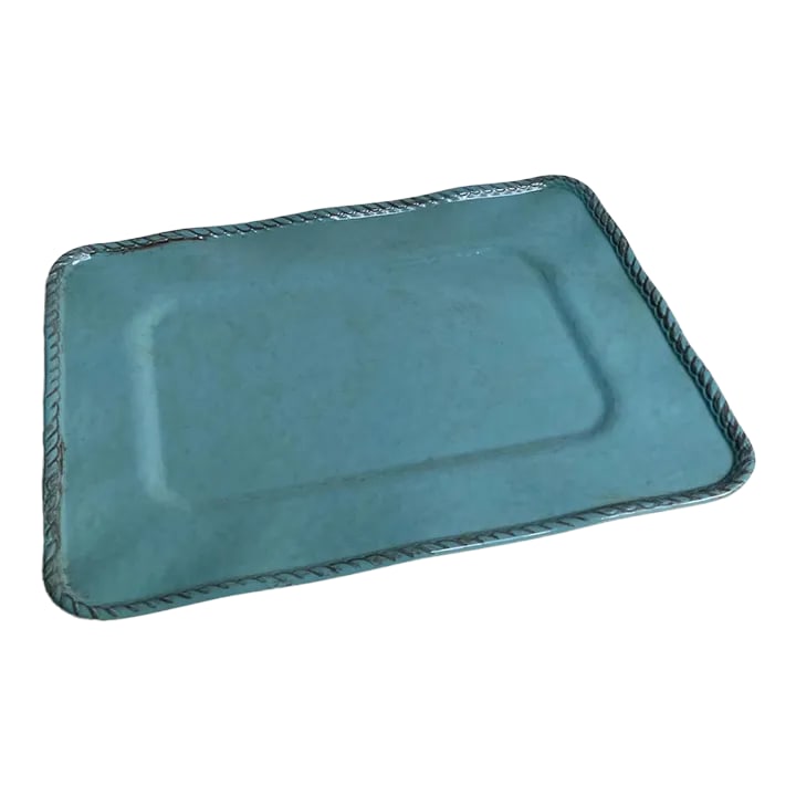 Vintage Tiffany Blue Rope Edge Melamine Serving Tray: Versatile Tiffany Blue braided rope rimmed molded Teal Melamine rectangular Serving Tray. Drinks. Hors D'oeuvres. Sandwiches. Barbecue. Picnics. Featuring a rectangular heavyweight Melamine with a