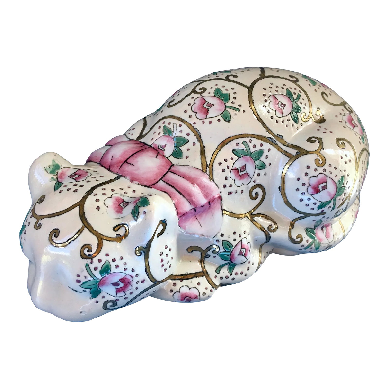 Vintage Chinoiserie Ceramic Cat: Lovely ceramic cat covered in details. Had painted flowers and gold swirls topped with a pink bow adorn this beautiful piece. Condition: Alterations: Original Condition Unaltered Imperfections: Some
