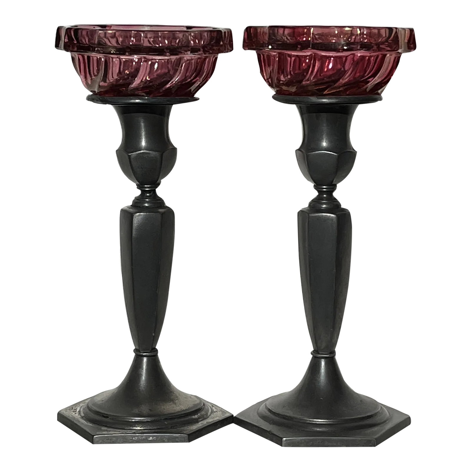 1940s Pewter Candlestick Holders With Cranberry Glass Cup - a Pair: Heavy pewter candle stick holders with vintage pressed glass candle holder cups with a cranberry stained color. A little worn but still very pretty without chips or cracks. The cups are marked