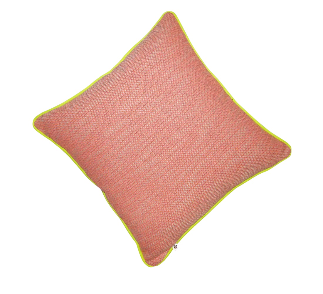 Pink and Orange Tweed Pillow: Super fun decorative pillow for your humble adobe! Make a statement on your sofa with a Jessica Allyn original! 18" x 18" inches Bright and bold orange and pink tweed fabric Piped with neon yellow