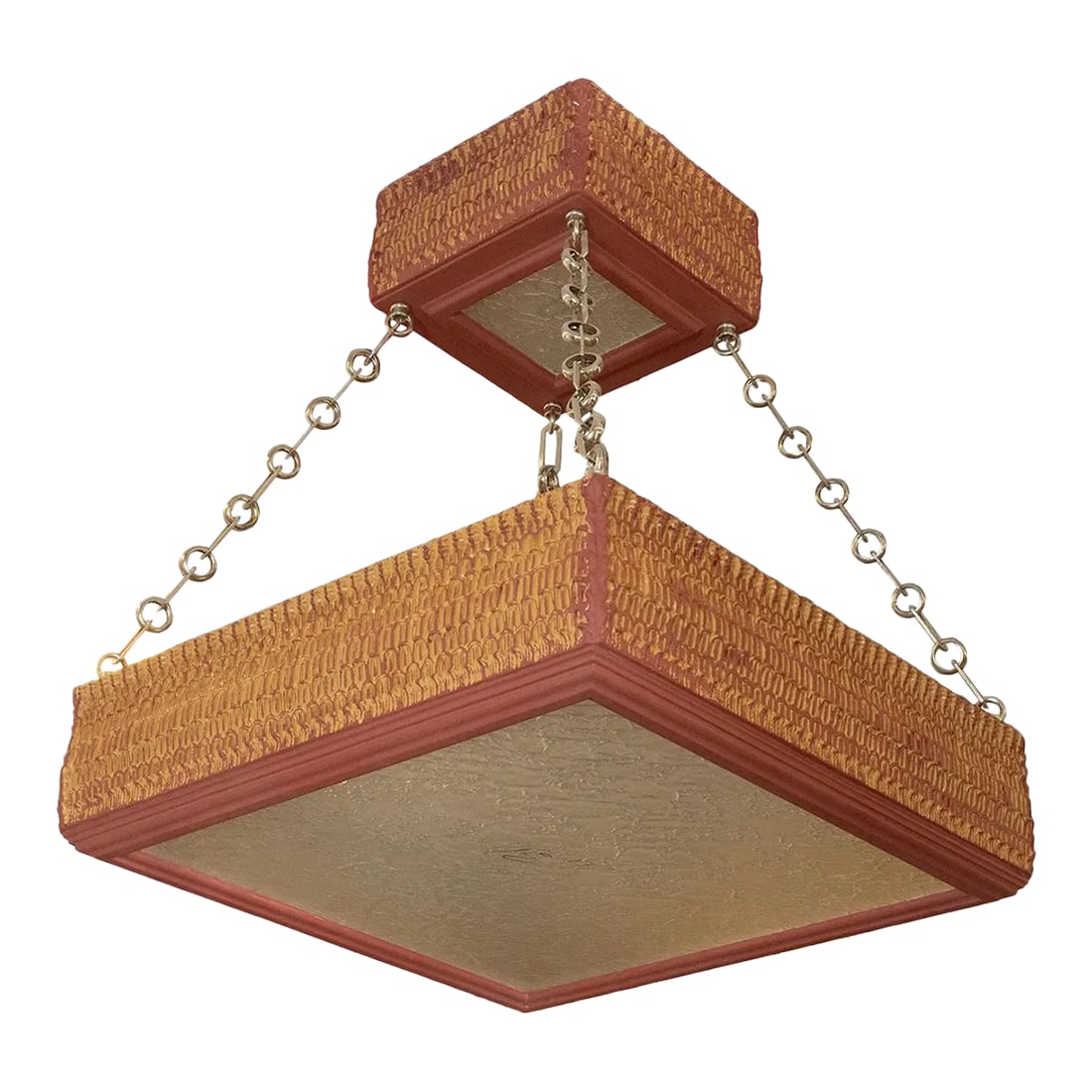 Two-Tier Square Giltwood Pendant by Carlos Villegas: Two-tier giltwood woodcarving pendant by master woodworker Carlos Villegas. Available in 22k gold or white gold leaf finish. Motif inspired by Stanford White. Condition: Imperfections: No