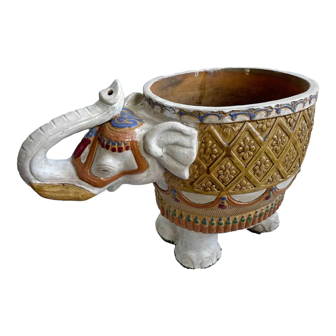 Vintage European Terracotta Planter: Vintage European hand painted and glazed terracotta decorated elephant planter. Great coloration and craquelure in the finish. Condition: Alterations: Restored Imperfections: Some Imperfections