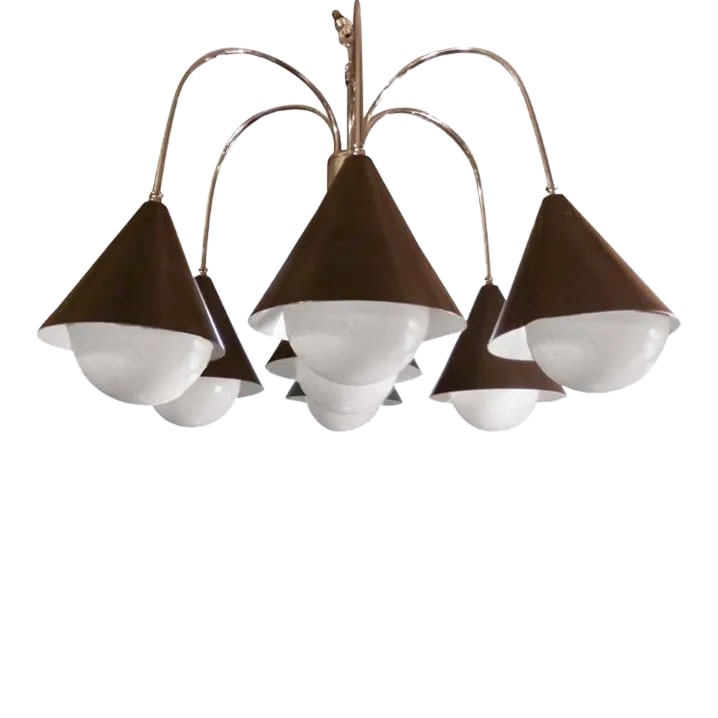 Handsome Mid-Century Modern Chandelier: Vintage lamp with black cone shades hanging from cascading chrome arms. Globes pictured are a large white bulb (any standard bulb can be used). An attractive addition to your dining room or entry