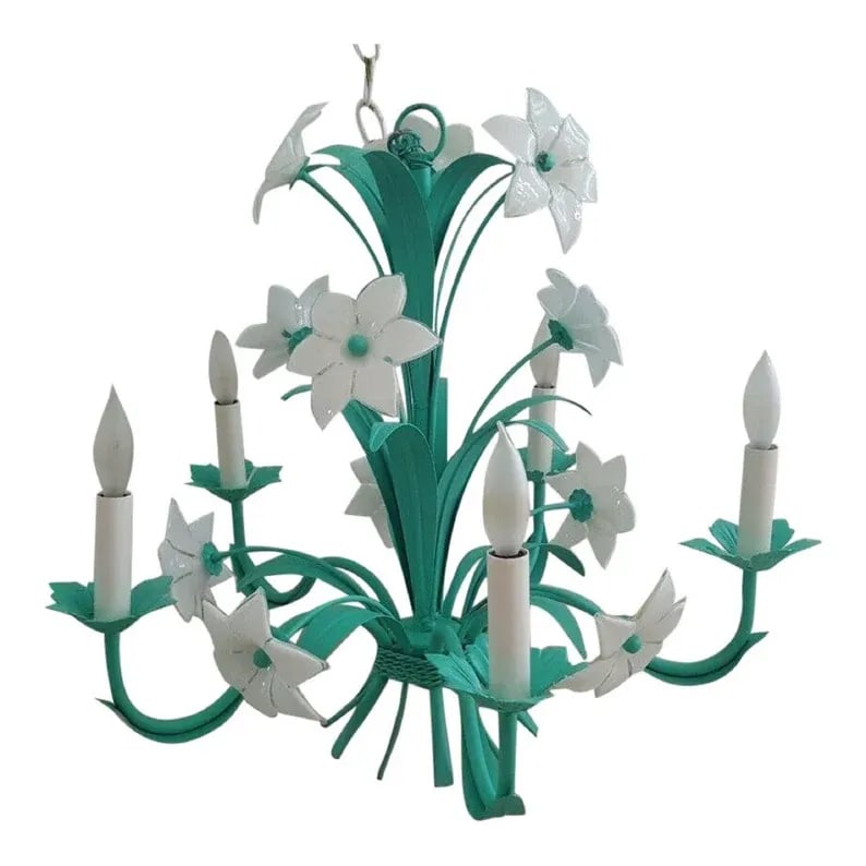 Italian Murano Mid-Century Metal Green Floral Chandelier 6 Arms - 10