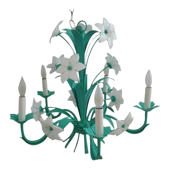 Italian Murano Mid-Century Metal Green Floral Chandelier 6 Arms: Italian Murano Mid-Century Metal Green Floral Chandelier 6 arms Stunning italian mid-century modern murano metal chandelier. Having 11 white and clear hand blown glass flower petals. Any amount of