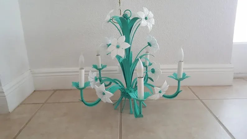 Italian Murano Mid-Century Metal Green Floral Chandelier 6 Arms - 2