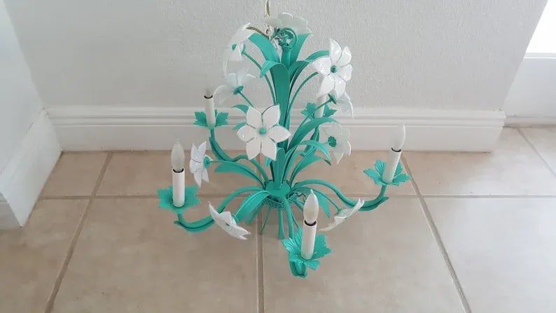 Italian Murano Mid-Century Metal Green Floral Chandelier 6 Arms - 3