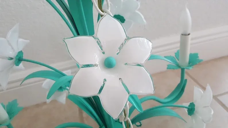 Italian Murano Mid-Century Metal Green Floral Chandelier 6 Arms - 4