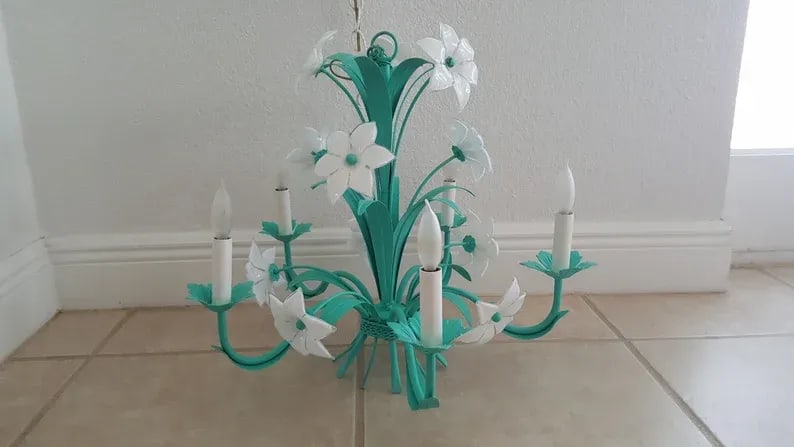Italian Murano Mid-Century Metal Green Floral Chandelier 6 Arms - 5