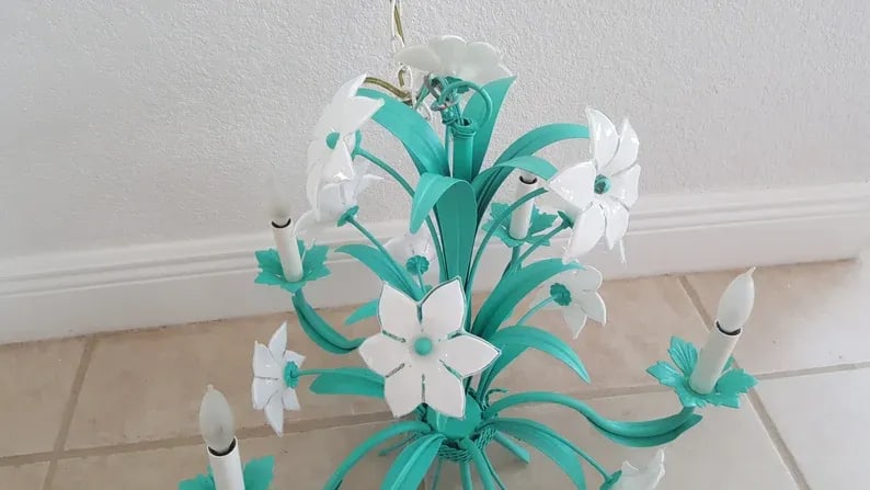 Italian Murano Mid-Century Metal Green Floral Chandelier 6 Arms - 6