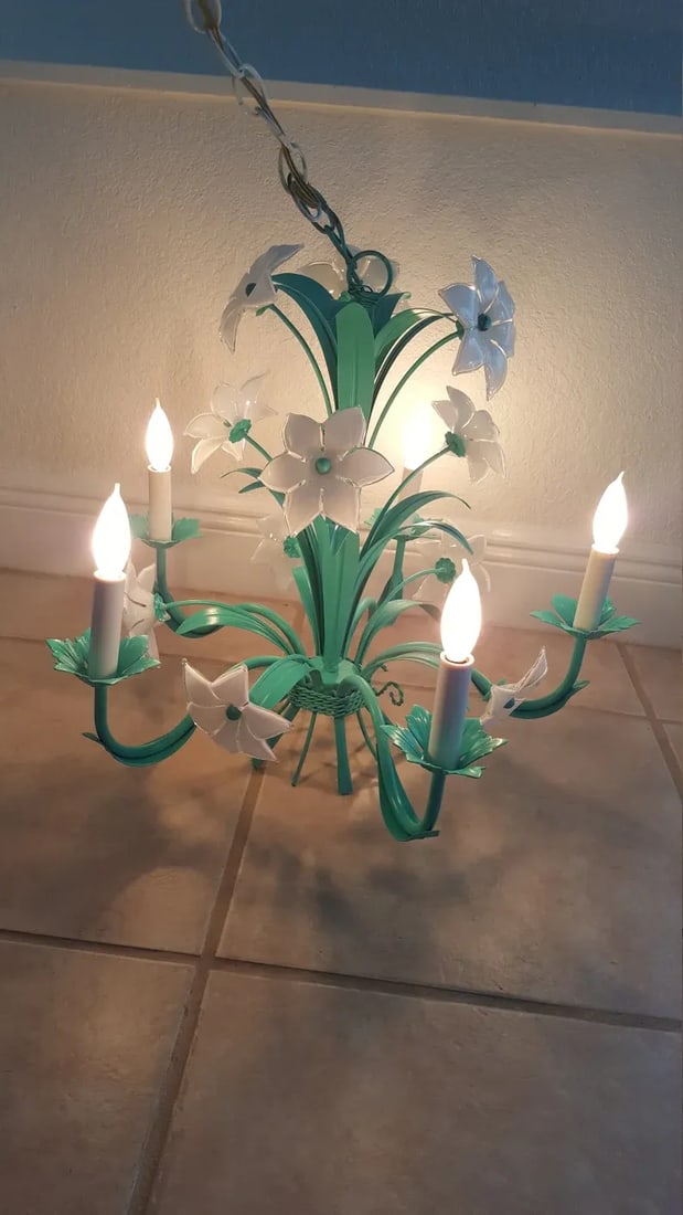 Italian Murano Mid-Century Metal Green Floral Chandelier 6 Arms - 9