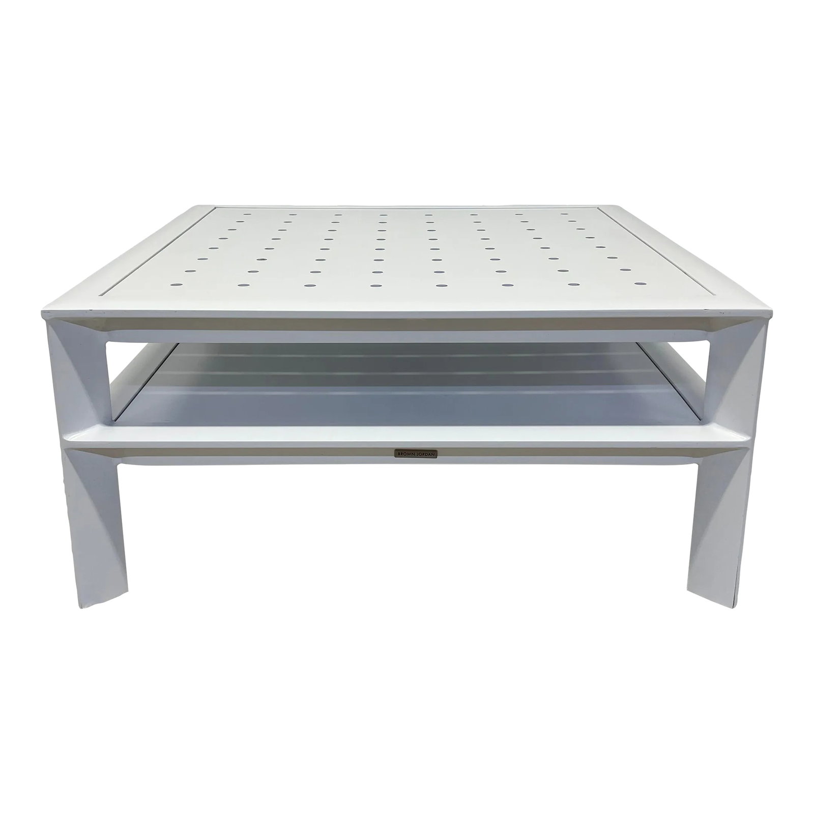 John Caldwell Parkway Outdoor Coffee or Cocktail Table for Brown Jordan: White powder-coated aluminum outdoor coffee or cocktail table with perforated top and lower shelf by John Caldwell for Brown Jordan. We have two tables available. Please see our other listings for