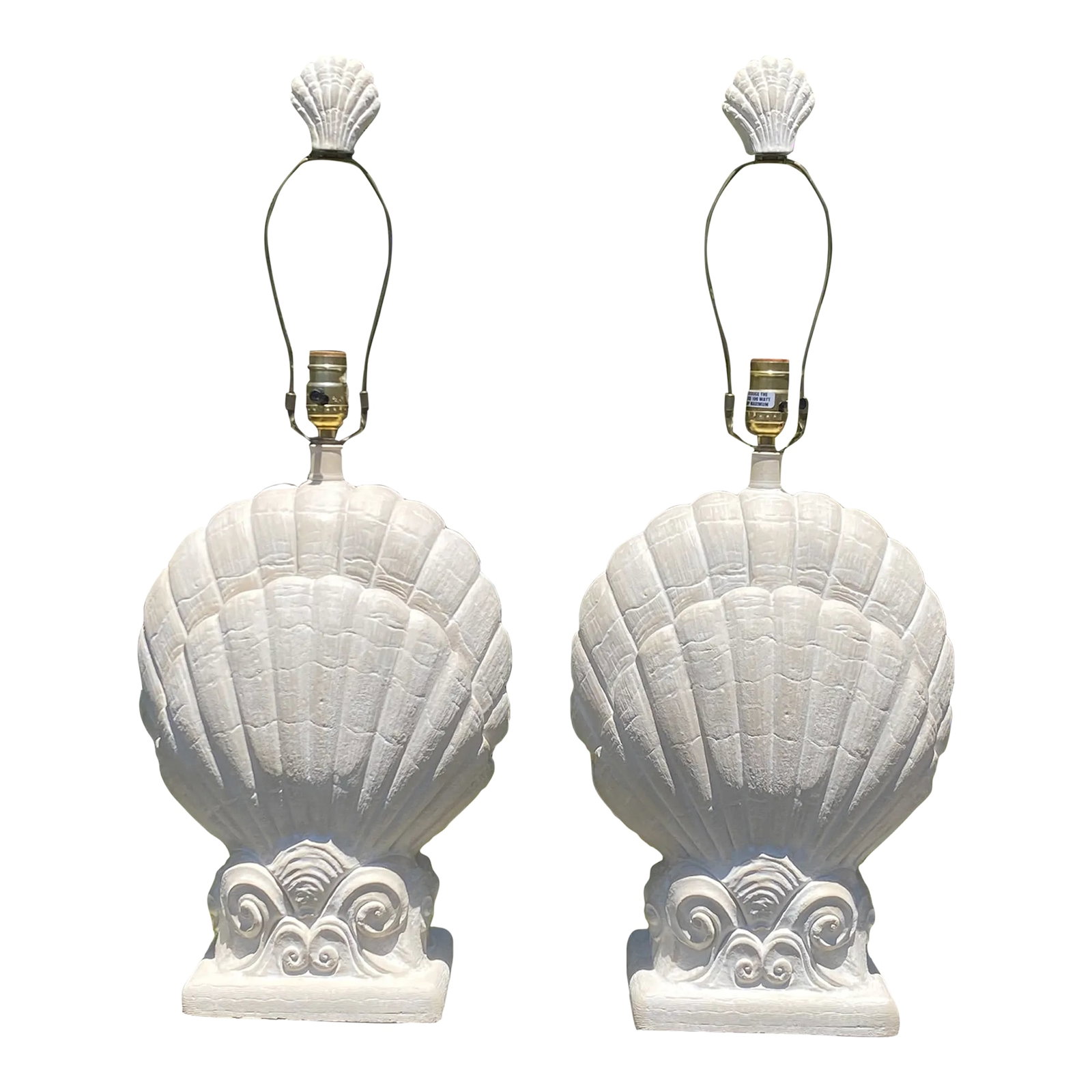1990s Vintage Plaster Shell Lamp With Night Light - Set of 2: Vintage Pacific Coast Lighting plaster shell lamp with night light. Sand color textured base with white glaze and large shell finials. No lampshade. Measures 21" to top of socket. Condition:
