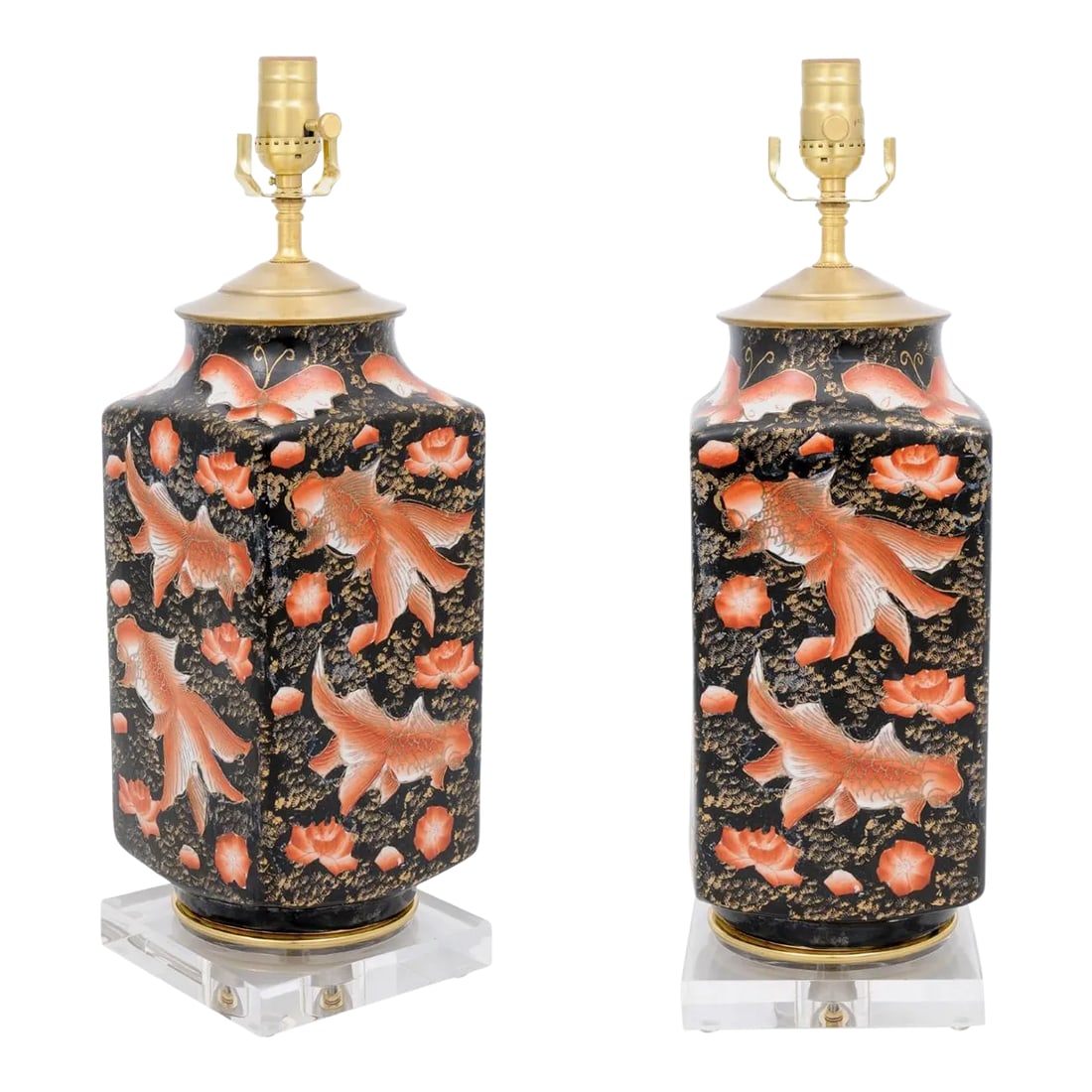 Pair of Contemporary Koi Fish & Butterfly Square Lamps on Acrylic Base: Pair of stunning black and orange lamps with koi fish and butterfly motifs. Solid brass hardware, sitting on lucite base. Condition: Imperfections: No Imperfections Condition Notes: Lamp are band new