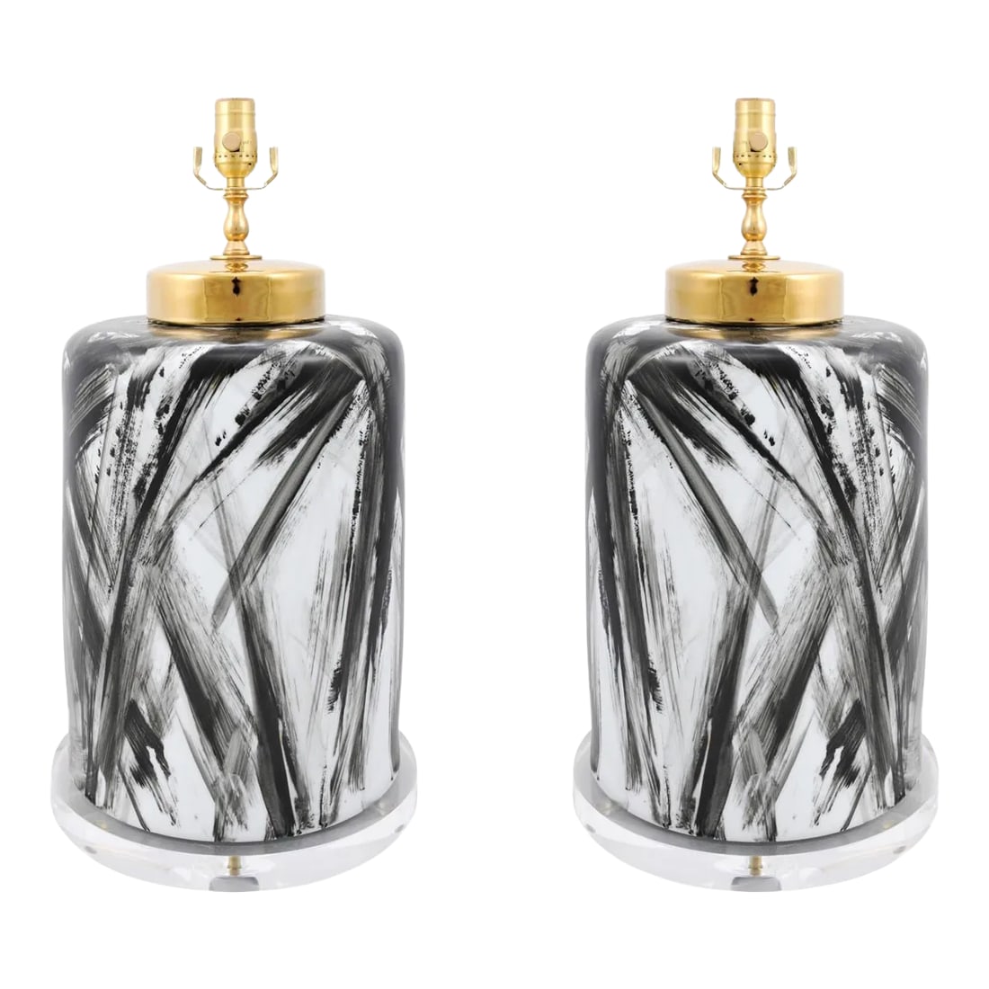 Pair of Contemporary Custom Made Black Brush Stroke on White Porcelain With Brass Hardware: We turned these striking porcelain vases into lamps, right here in our brock and mortar shop. Brand new and one of a kind. Condition: Imperfections: No Imperfections Condition Notes: brand new,