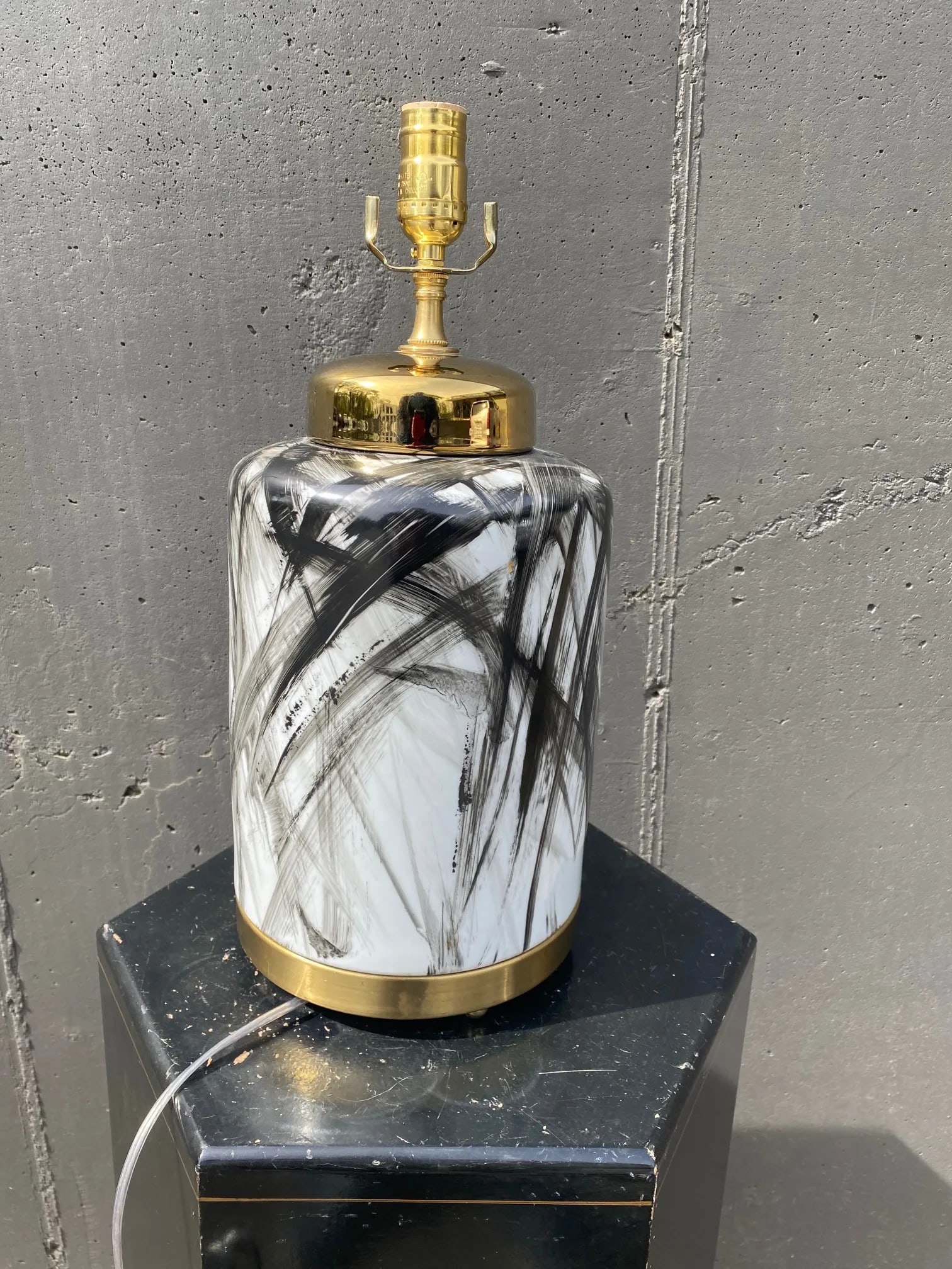 Pair of Contemporary Custom Made Black Brush Stroke on White Porcelain With Brass Hardware - 4