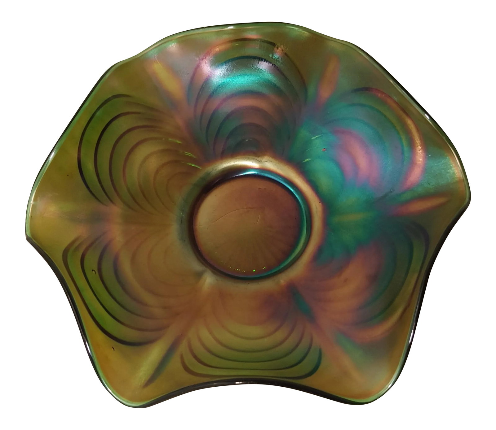 Fenton Cut Arcs Green Carnival Glass Bowl: This is a very rare Fenton piece. Cut Arcs pattern is very scarce and the color green even more so. The pattern is on the exterior with the beautiful iridized coloring on the interior. This piece is