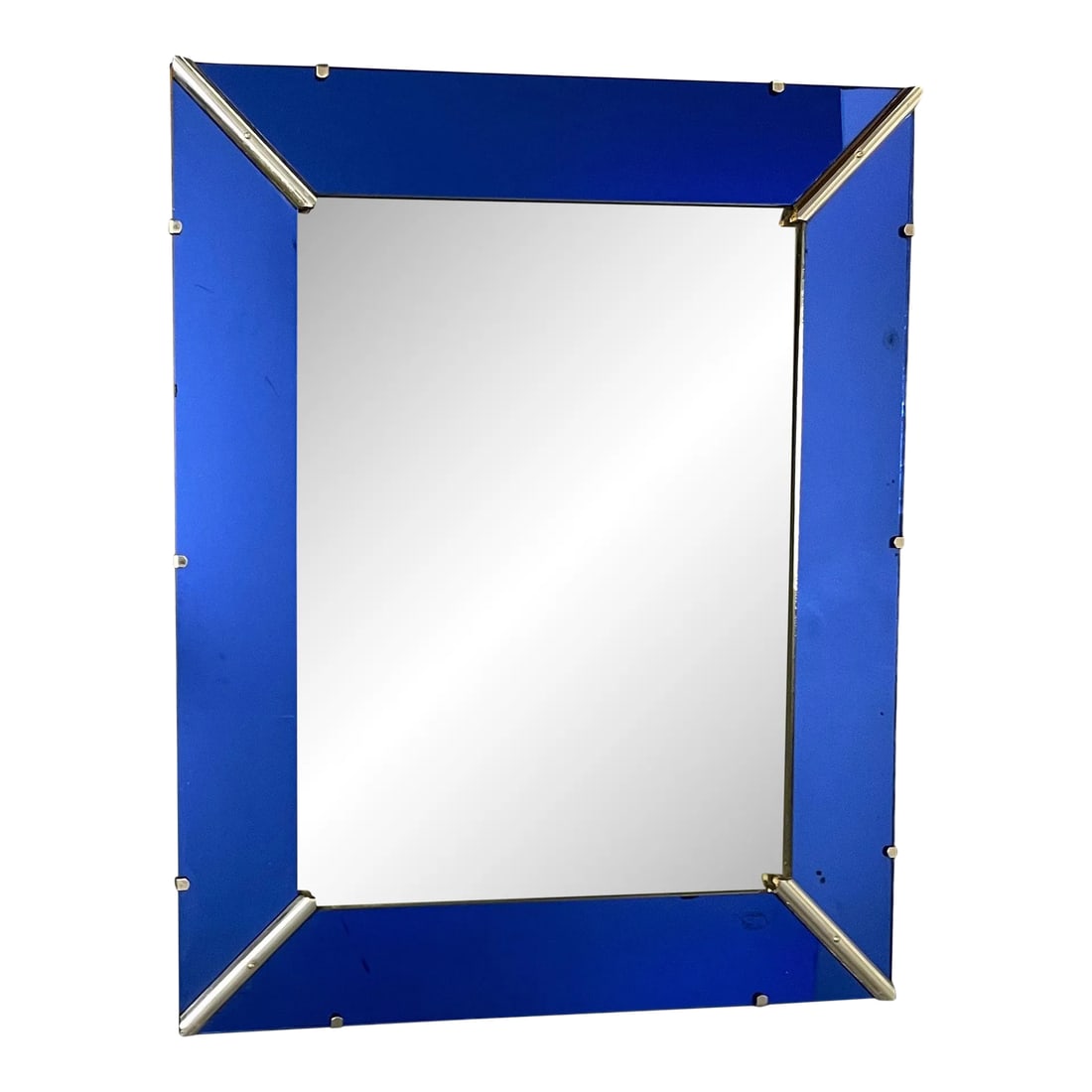 Art Deco Cobalt Blue Glass Trimmed Mirror: Art Deco cobalt blue trimmed mirror with aluminum corner mounts. Made in the 1930s. Condition: Alterations: Original Condition Unaltered Imperfections: Some Imperfections Condition Notes: Wear consist