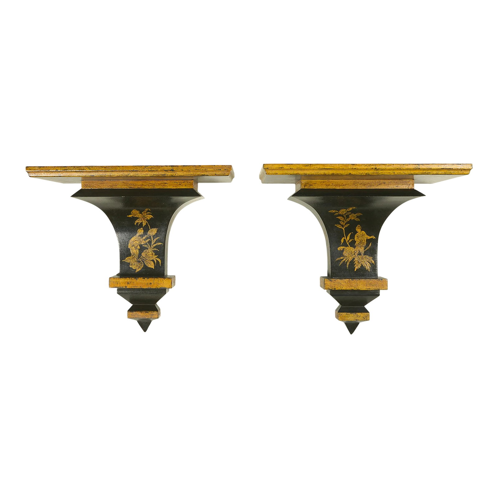 Pair of Chinoiserie Black and Gilt Brackets: Each decorated with a Chinoiserie figure engaged in a leisurely pursuit; with black banding throughout. Condition: Alterations: Original Condition Unaltered Imperfections: Some Imperfections