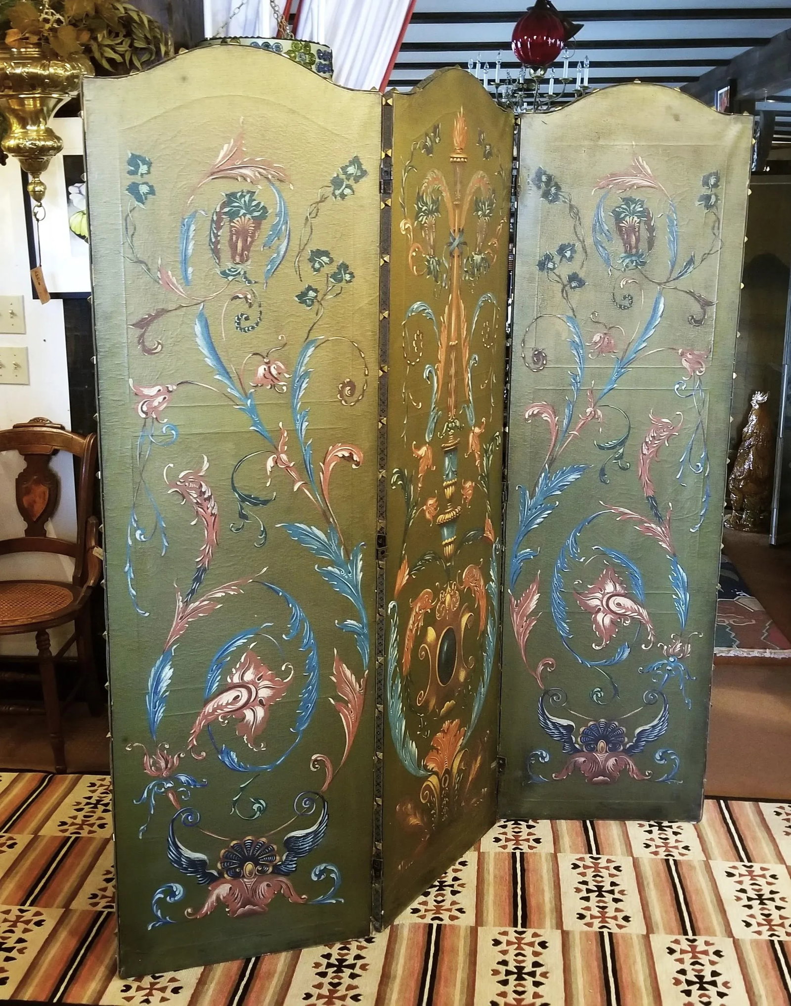 1940s Painted Floral Green Folding Screen - 11