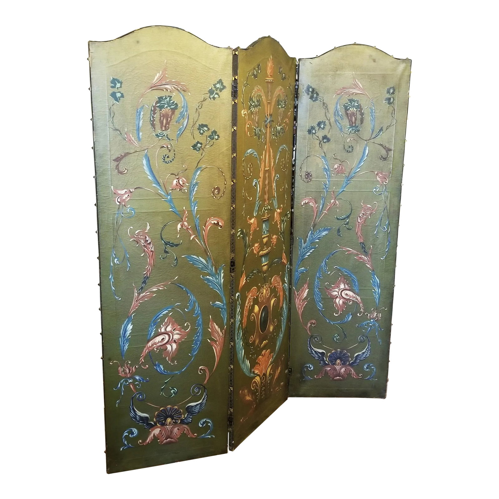 1940s Painted Floral Green Folding Screen: This wonderfully royal folding screen would be the perfect divider for your space. We love the painted details and the earthen tones - and the studs! All in all a well rounded piece just waiting for