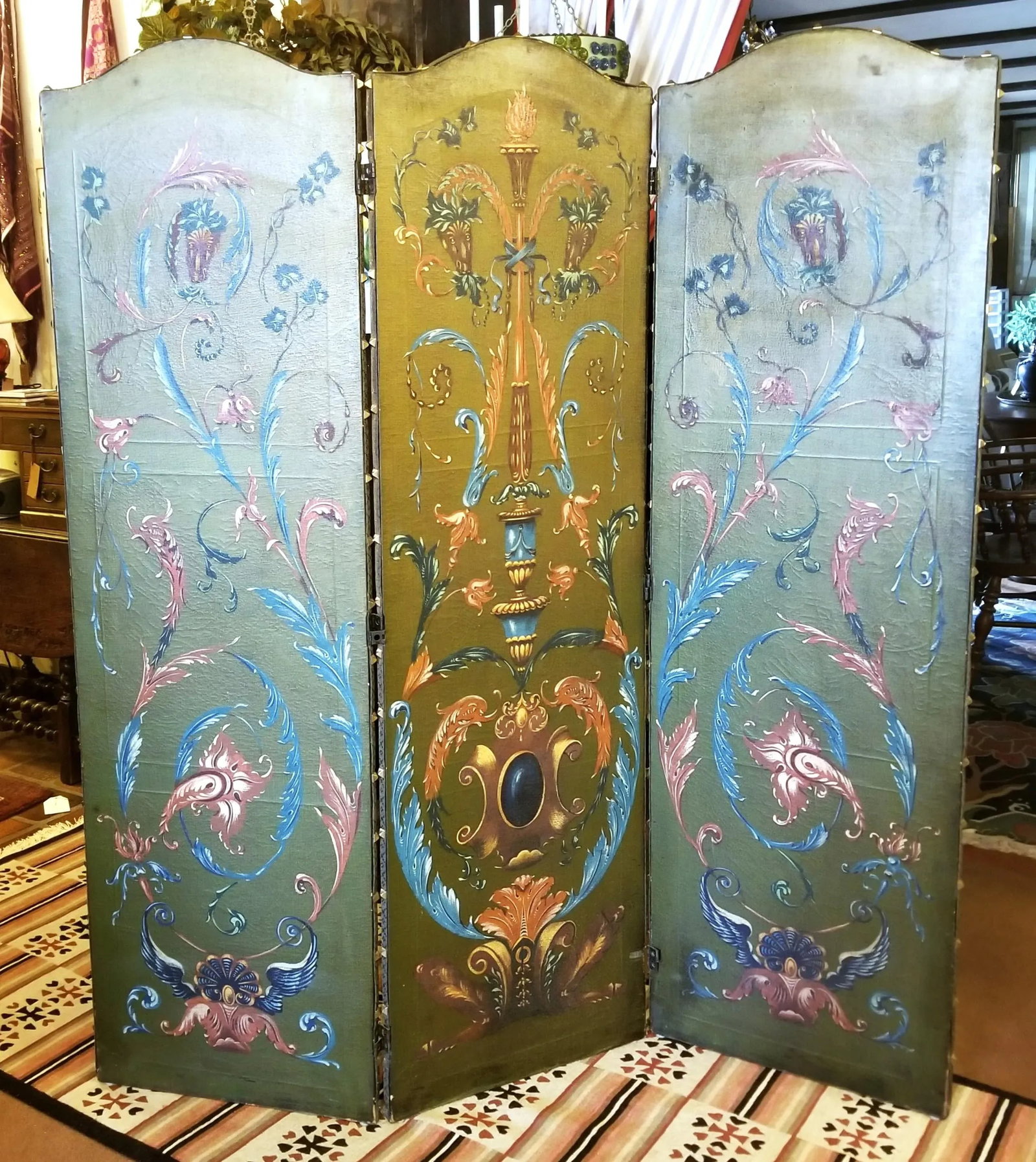 1940s Painted Floral Green Folding Screen - 2