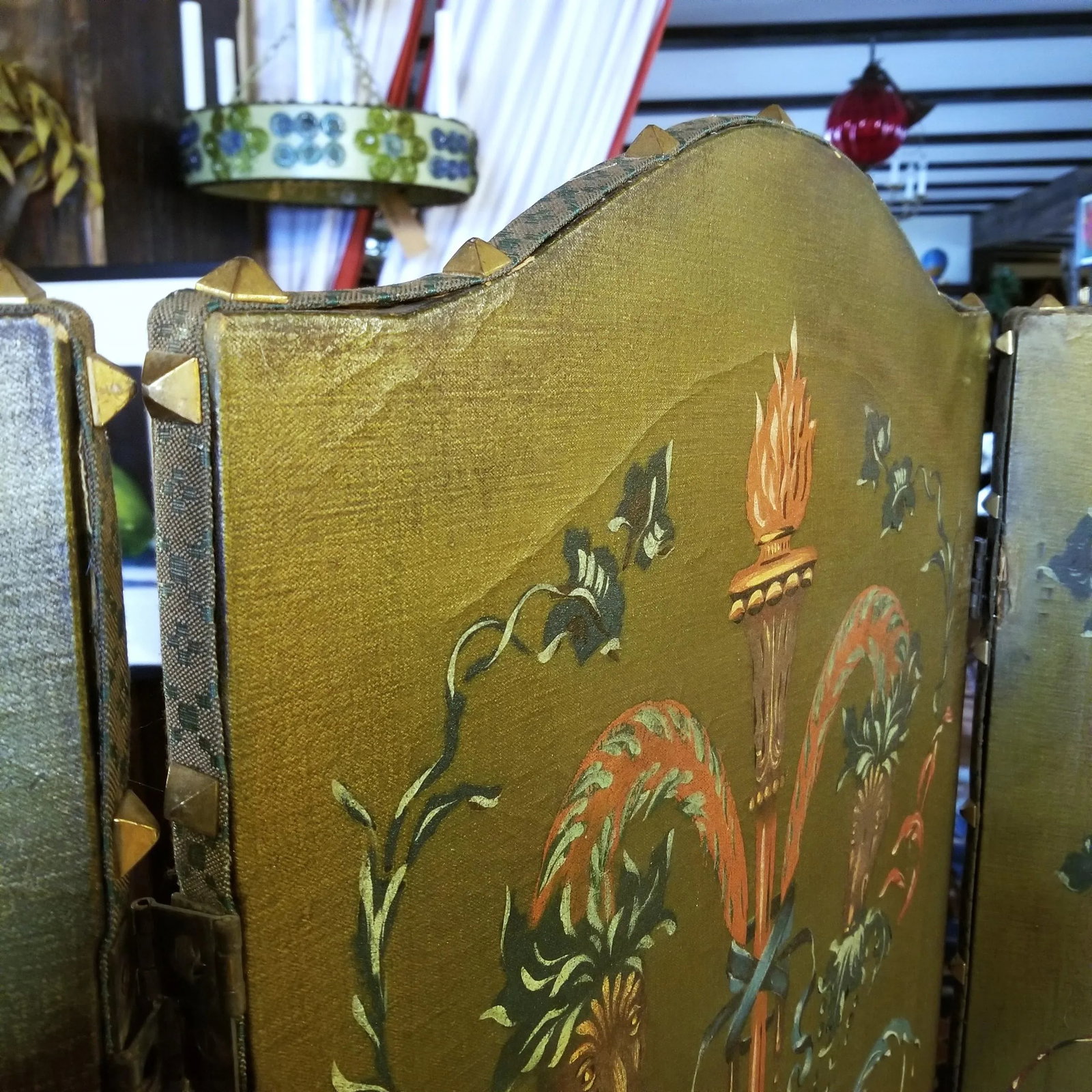 1940s Painted Floral Green Folding Screen - 6