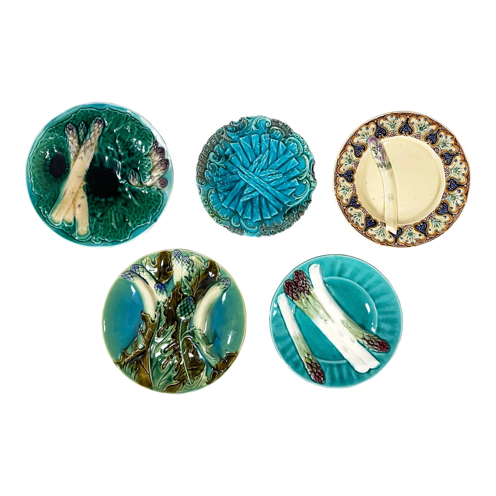 Antique French & German Asparagus Wall Plates - Gallery Wall - Set of 5 - Including Schramburg & K E: A beautiful collection of five antique French and German asparagus plates Clockwise, starting upper left: Turquoise with cabbage leaf and sauce well - stamped "H6" - 9 1/2" diameter Schramburg Majolic