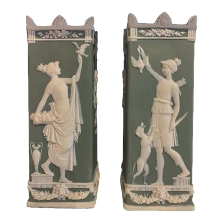 Vintage Sage Green Wedgwood Vases - a Pair: Vintage, sage green, Wedgwood vases are stunning and they will add a pop of color and elegance to any living space. Condition: Alterations: Original Condition Unaltered Imperfections: Some
