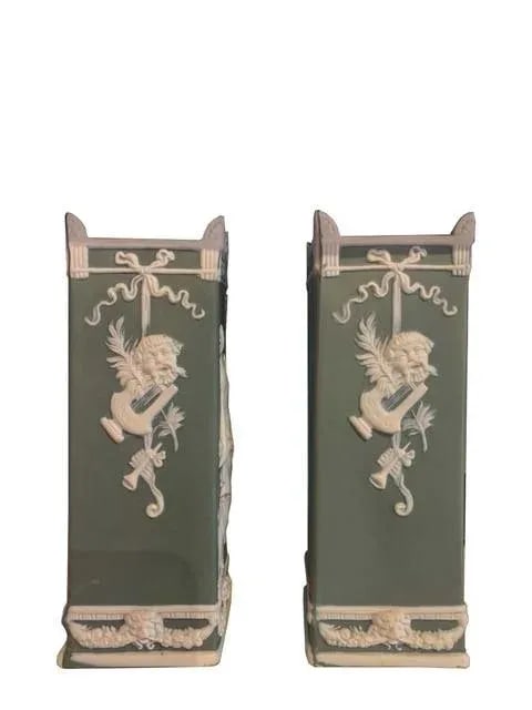 Vintage Sage Green Wedgwood Vases - a Pair - 3
