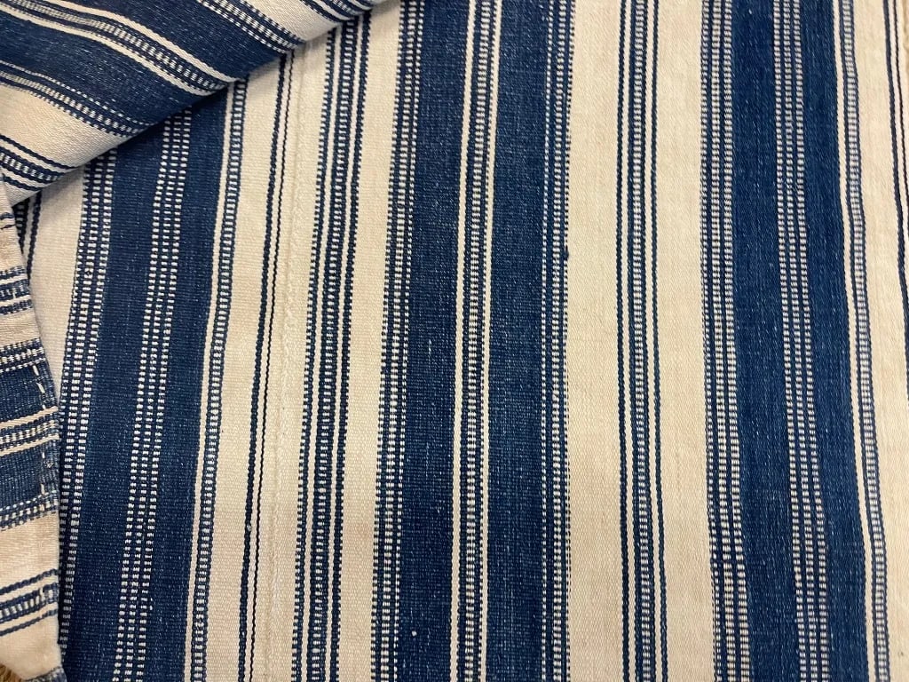 Vintage Stripe Killim Fabric Fragment in Cream and Navy: Vintage stripe kilim fabric in cream and navy. Perfect for table cloth, a throw, pillows or upholstery. 76"W x 86"L Condition: Alterations: Original Condition Unaltered Imperfections: Some