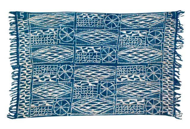Vintage African Ndop Textile Cloth: Resist-stitched, indigo-dyed Ndop cloth used for clothing and ritual ceremonies, made from handwoven strips of cotton and dyed with natural indigo with raffia to create tribal and geometric patterns, 