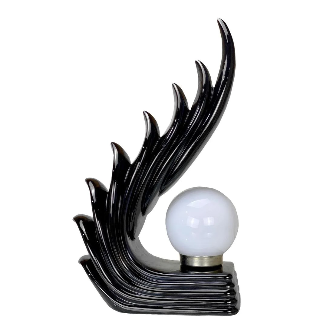 Vintage Art Deco Black Porcelain Sculpted Cascading Wing Table Lamp - 11